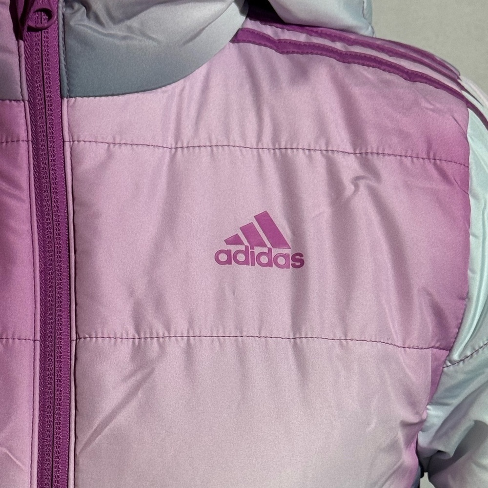 Adidas Kids Purple Gradient Puffer Hooded Jacket Size Medium 10/12 - Picture 2 of 11
